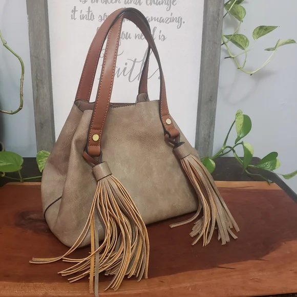 Satchel purse bag with double tassels NEW - Picture 1 of 12